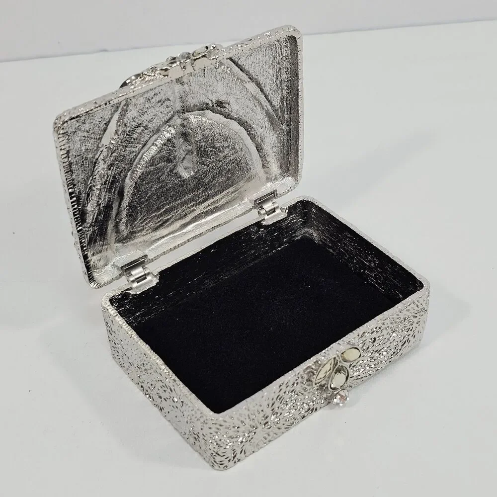 Silver Metal Rhinestone Trinket Box Ring Holder 3.5x2.5×1.5 Wedding Glam Bling